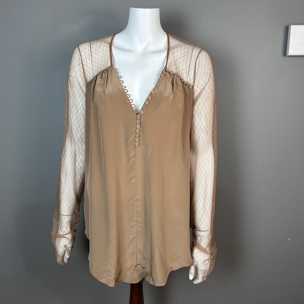 Whimsical dainty Lace Minimalist silk top Large BCBGMAXAZRIA Womens Brown Satin
